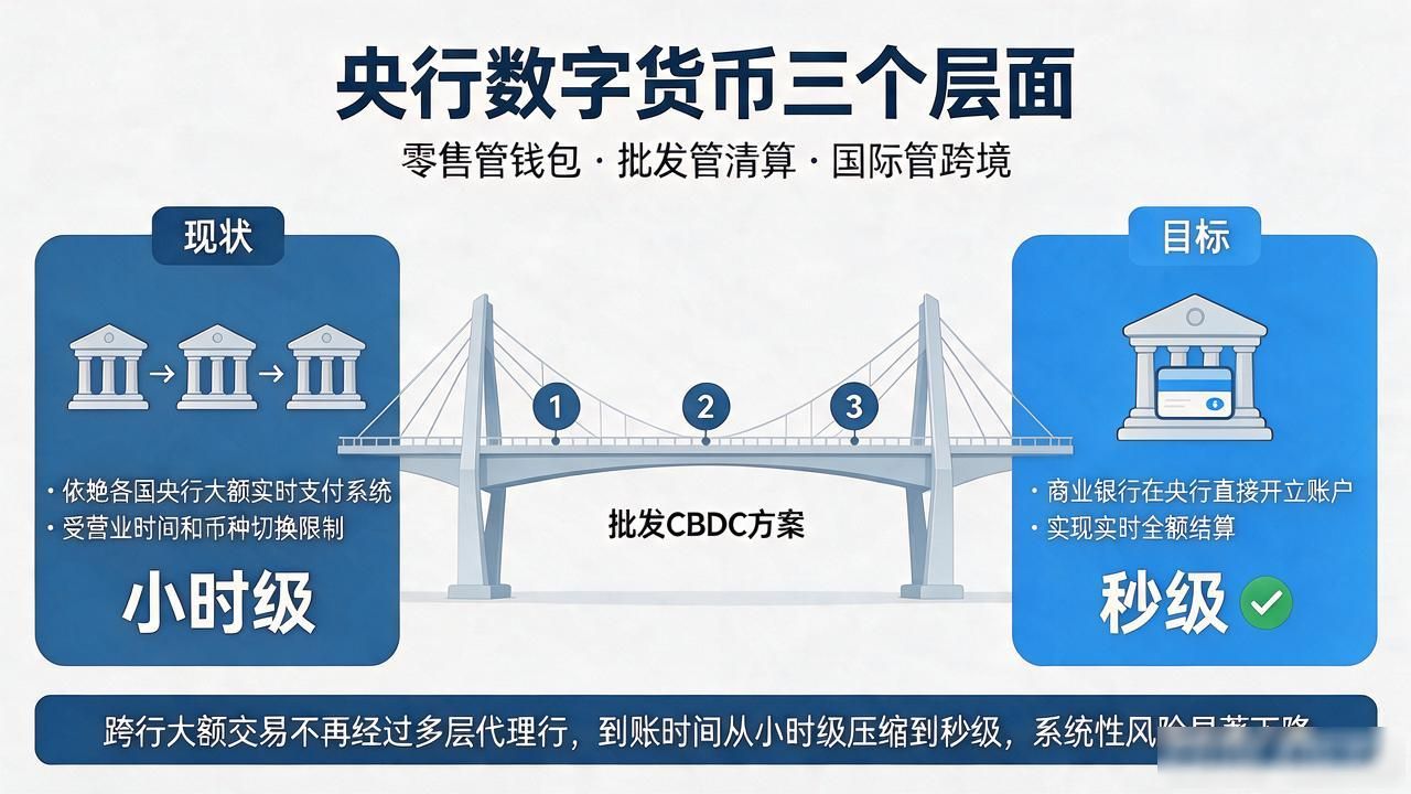 央行数字货币三个层面：零售管钱包，批发管清算，国际管跨境
